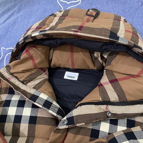 BURBERRY Brown Check Hooded Down Jacket - Picture 2 of 14